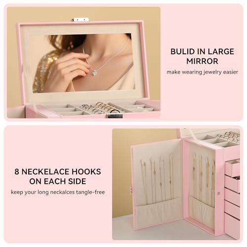 Frebeauty Large Jewelry Box,6-Tier PU Leather Jewelry Organizer,Multi-functional Storage Case with Mirror,Accessories Holder with 5 Drawers for Necklace Bracelets Watches(Pink) - color: Pink, size: Large