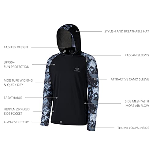 BASSDASH Men’s UPF 50 Performance Fishing Shirt Cooling Hoodie Camo Long Sleeve FS17M - color: Black / Splash Black, size: Large