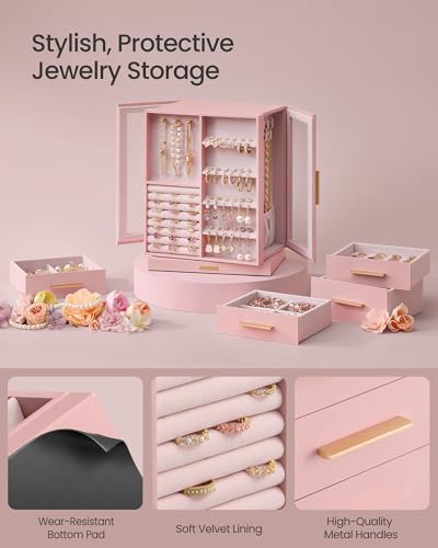 SONGMICS GISELLA Collection - Jewelry Box Organizer 360° Rotating, Vertical Jewelry Storage Case with 5 Drawers, Glass Window, Spacious, Open Design, Great Gift, Pink UJBC170R01 - color: Jelly Pink, size: 5 Drawers (6.3"d X 8.7"w X 11.2"h)