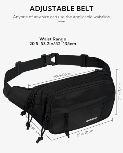 WATERFLY Fanny Pack Waist Packs: Large Crossbody Fanny Packs for Women Men with 5 Zipper Pockets Adjustable Strap Waist Bags Hip Pack for Traveling Cycling Running Hiking-Black - color: Black
