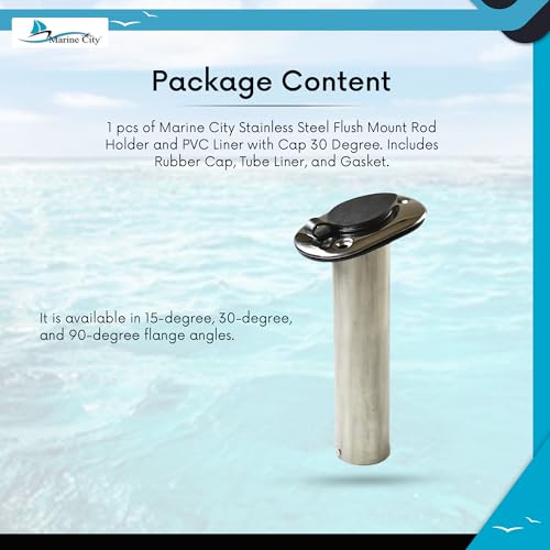MARINE CITY Heavy Duty Stainless Steel Flush Mount Rod Holder and PVC Liner with Cap and Gasket 15 Degree for Marines – Boats – Yachts – Kayaks (Pack of 1)