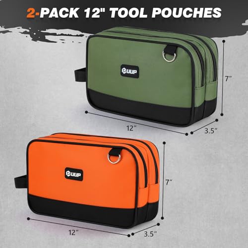 12" Small Tool Bag 2 Pack, Zipper Tool Pouch 2 Compartments, Utility ToolBag with Carrying Handle, Toolbox Organization, Screwdriver Storage Tool Box, Electrician Mechanic Men Dad Gifts, Orange/Green - color: Orange/Green 2Pack, size: 12" x 7"
