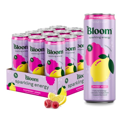 Bloom Nutrition Sparkling Energy Drink for Focus, Natural Caffeine, Zero Sugar, 180mg Caffeine, Antioxidant-Rich with Green Coffee Bean, Green Tea Extract, & Prebiotics, Raspberry Lemon 12oz 12 Pack - size: 12 Fl Oz (Pack of 12)
