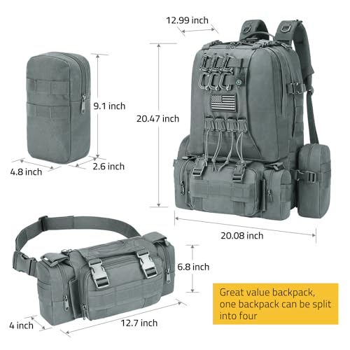 CVLIFE 60L Tactical Backpack for Men Women Military Large Army Rucksack | 3 Day Bug Out Survival Molle Bag, D-Ring Clips & Compass Accessories, Hiking Camping Gym Daypack, Grey - color: Grey