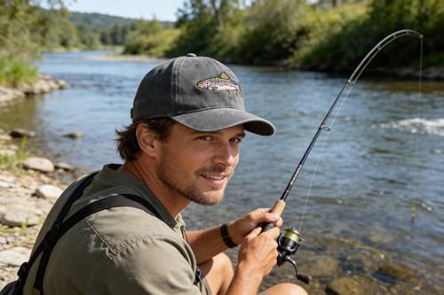 Fishing Baseball Cap for Men Women, Adjustable Embroidered Hat | Fishing Gear, Outdoor Adventure Design, Precision Embroidery Craft, One Size Adjustable Fit - color: Rainbow Trout (Washed Black)