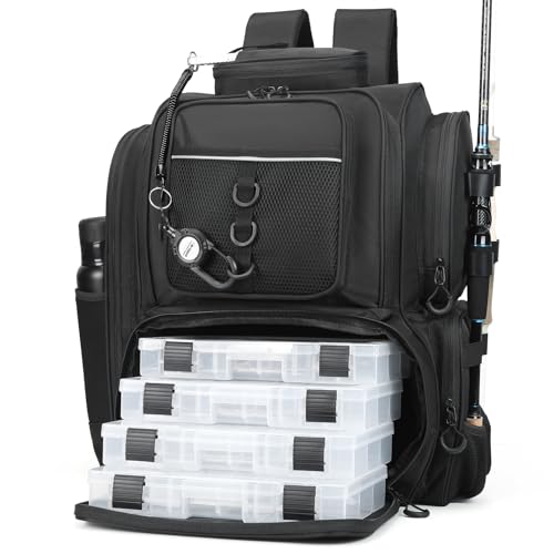 WANOON Fishing Backpack,Tackle Bag,with Tackle Boxes. Large Fishing Bag, Strong Materials | 42L Large Capacity Fishing Bag, Multiple Pockets for Organized Outdoor Fishing Storage - color: Black, size: 42L-With Tackle Boxes
