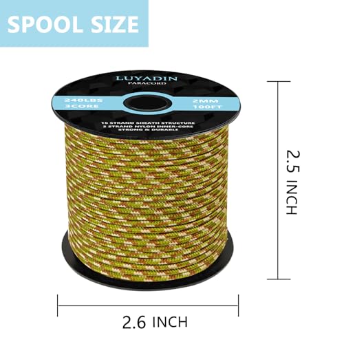Paracord 240lb - Diameter 2mm Micro Utility Cord -3 Strand Parachute Spool Cord - 100ft 200ft,Paracord for Camping,Hiking,Fishing,Outdoor and DIY - color: Army Green Camo, size: 100 ft