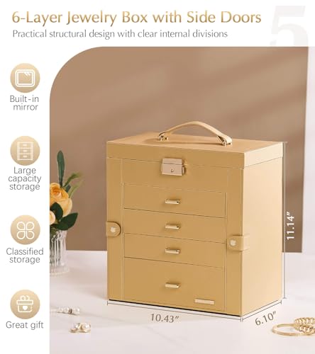 Homde Synthetic Leather Huge Jewelry Box Mirrored Watch Organizer Necklace Ring Earring Storage Lockable Gift Case (Gold) - color: Gold