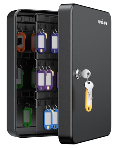 Uniclife 100 Position Key Cabinet with Key Lock Wall Mounted Black Security Storage Box Steel Key Organizer with Colorful Key Tag Labels Stickers and Hooks - color: Black, size: 100-Key