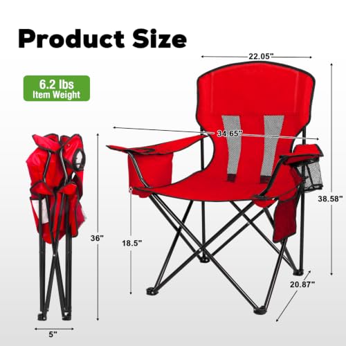 Romswi Portable Camping Chairs, Heavy Duty Folding Outdoor Chairs, Folding Chair with 4-Can Cooler Bag for Camping, Fishing, Garden, 2-Pack, Red - color: Red, style: Large