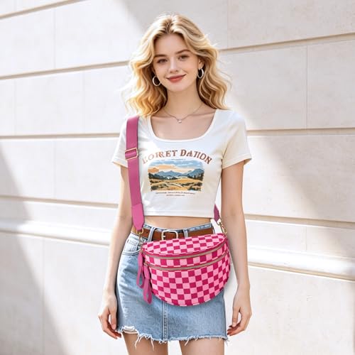 Checkered Nylon Crossbody Bag Bum Bag for Women Mom Large Checkered Fanny Packs with Adjustable Strap - color: Rose Checkered