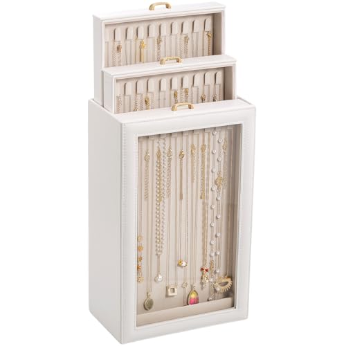 Lolalet Necklace Organizer Box, Jewelry Storage Box with Clear Window for Necklaces Bracelets, Tangle-Free Necklace Display Case for Women Girls, White, 3 Layers 30 Hooks - color: White, size: 3 Layers, 30 Hooks