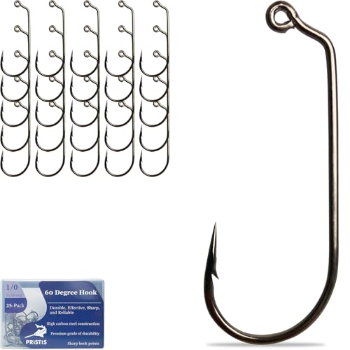 Pristis 25 Pack High Carbon Steel Fishing Hooks, Reinforced EWG Circle Octopus Round Bend 60 Degree Wide Gap Strong Barbed Worm Fish Hook Jig Bait Rig for Saltwater Freshwater Bass Tuna Walleye Trout - color: 60 Degree, size: 1/0