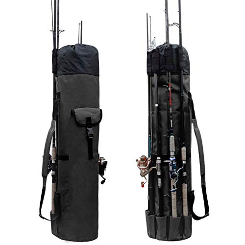 Allnice Durable Canvas Fishing Rod & Reel Organizer Bag Travel Carry Case Bag- Holds 5 Poles & Tackle - color: Black