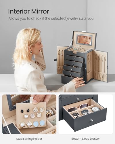 SONGMICS 6-Layer Jewelry Box Organizer with 5 Drawers, Jewelry Storage Case with Lock and Mirror, Large Storage Capacity, Gift for Loved Ones, for Necklaces, Watches, Gray UJBC152G01 - color: Gray, size: 6 Tier