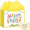 Hooqict Large Easter Gift Bag with Handles, Tissue Paper, Greeting Cards for Kids Easter Egg Basket Gift Bags Spring Birthday Goodie Treat Party Favors - color: Easter