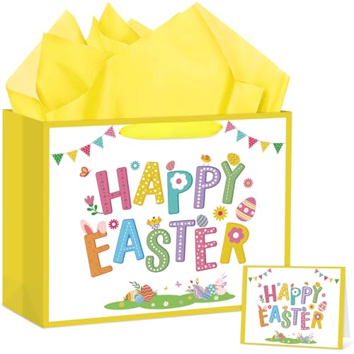 Hooqict Large Easter Gift Bag with Handles, Tissue Paper, Greeting Cards for Kids Easter Egg Basket Gift Bags Spring Birthday Goodie Treat Party Favors - color: Easter