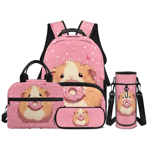 Donut Guinea Pigs Backpacks for Girls Kids Preschool Elementary Backpacks with Reusable Lunch Bag Pencil Case Pouch Water Bottle Carrier Bag 4 Pack Set Pink - color: Guinea Pig