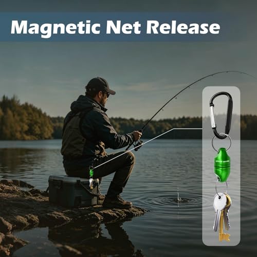 Magnetic Net Release for Fly Fishing, Aluminum Magnetic Quick Release Keychain, Fly Fishing Net Magnet Holder Retractor with Carabiner - color: green