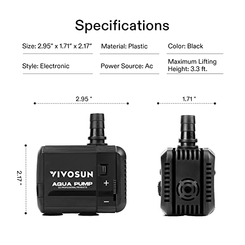 VIVOSUN 210GPH Submersible Pump(800L/H, 8W), Ultra Quiet Water Pump with 3.3ft High Lift, with 5ft Power Cord, 2 Nozzles for Fish Tank, Pond, Aquarium, Statuary, Hydroponics Black - size: 5"×3"-210
