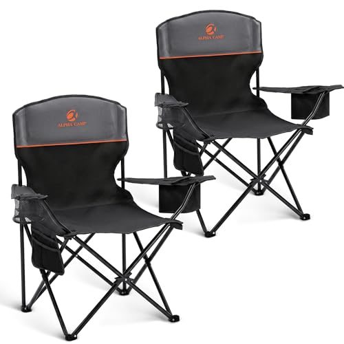 ALPHA CAMP 2-Pack Camping Chair with Cooler Bag, Heavy Duty 250lbs Capacity Folding Chair with Lumbar Support & Side Pocket, Portable Quad Chairs for Beach Fishing Tailgating & Sideline Sport - color: Black&grey