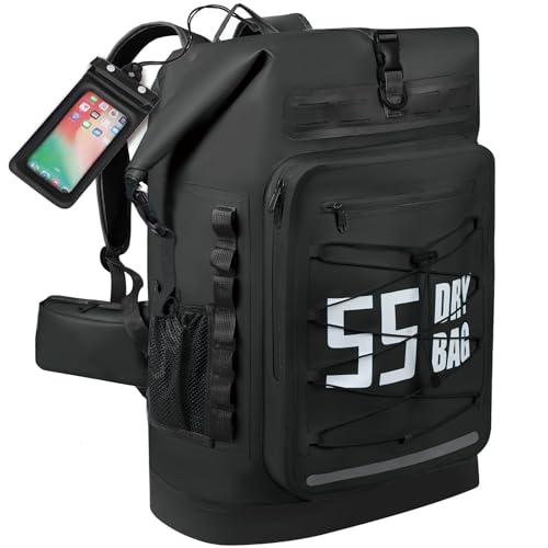 MORXPLOR Dry Bag Waterproof,5L/10L/20L/30L/40L/55L Roll Top Dry Bag Backpack with WaterProof Phone Case for Swim,Kayak - color: Black, size: 55Liter
