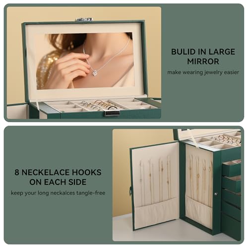 Frebeauty Large Jewelry Box,6-Tier PU Leather Jewelry Organizer,Multi-functional Storage Case with Mirror,Accessories Holder with 5 Drawers for Necklace Bracelets Watches(Blackish Green) - color: Blackish Green, size: Large