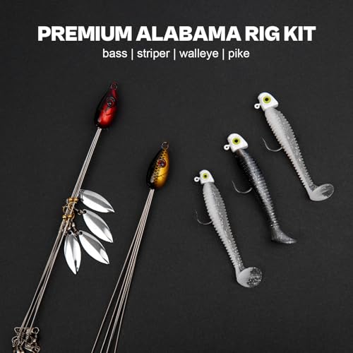 Alabama Rig (A-Rig) Fishing Lures Kit – 2 Rigs, 10 Jig Heads & Swimbaits, Tackle Box for Striper/Bass Fishing