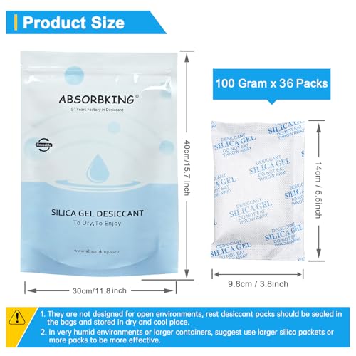 Absorbking Silica Gel Packets, 100 Gram 36 Packs Food Safe Moisture Absorbers, Desiccant Packs for Storage, Reusable Desiccant for Foods, Storage Bins, 3D Filaments, Electronics, Safes - size: 100g(36-pack)