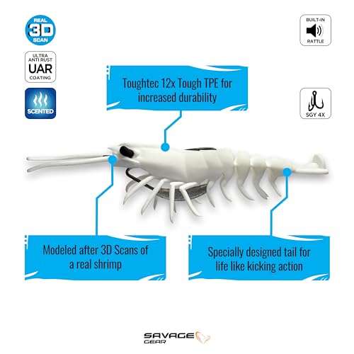 Savage Gear Manic Shrimp V2 Soft Plastic Fishing Bait, Realistic Contours, Colors and Movement, Durable Construction, Weighted Ultra-Sharp Jig Hook - color: White, size: 3 1/2 in - 3/8 oz