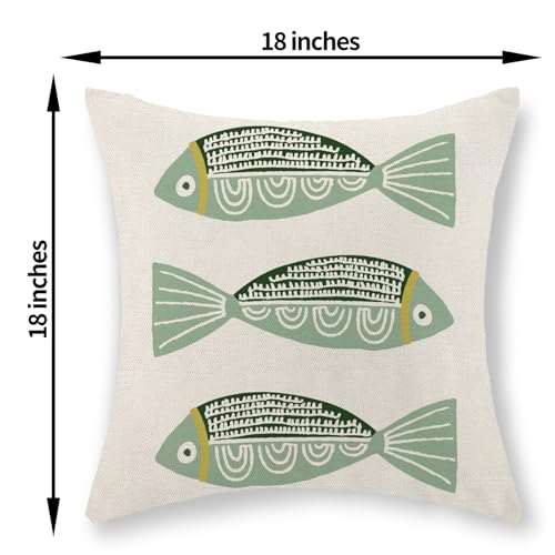 Coastal Pillow Covers 18x18 Inch Set of 2 Ocean Beach Green Fish Throw Pillows Summer Nautical Outdoor Decorative Pillow Cases Linen Farmhouse Cushion Cover for Couch Home Sofa Bedroom Decor - color: Green Fish, size: 18" x 18" (Pack of 2)