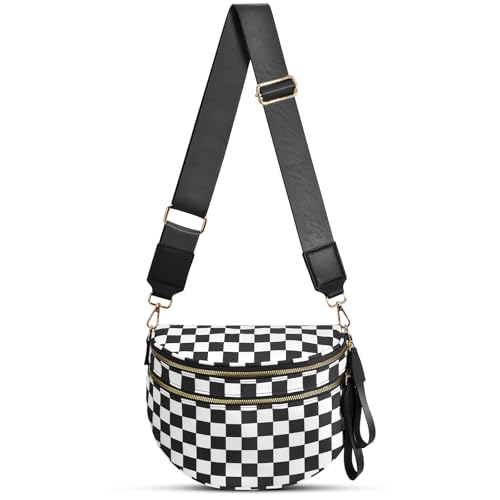 Checkered Nylon Crossbody Bag Bum Bag for Women Mom Large Checkered Fanny Packs with Adjustable Strap - color: Black Checkered