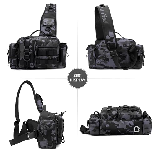 Fishing Tackle Storage Bag – Sling Waist Pack with Adjustable Widen Shoulder Straps, 12 Compartments for Fishing Gear, Lures, Hooks & Accessories Durable & Lightweight for Outdoor Anglers, Black
