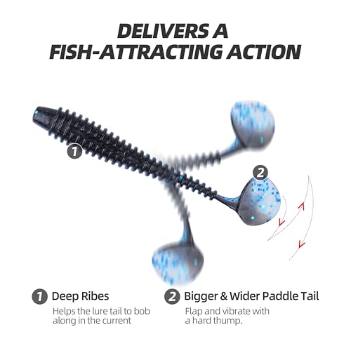 Paddle Tail Swimbaits 100/80/50PCS, 5/4/3/2 inch Soft Fishing Lures Bulk Pack – Durable Lifelike Action Lures for Bass, Trout, Crappie – Freshwater & Saltwater Fishing Gifts - color: Blue-Black, size: 5in, 50pcs