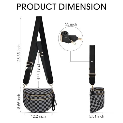 Checkered Nylon Crossbody Bag Bum Bag for Women Mom Large Checkered Fanny Packs with Adjustable Strap - color: Dark Gray Checkered