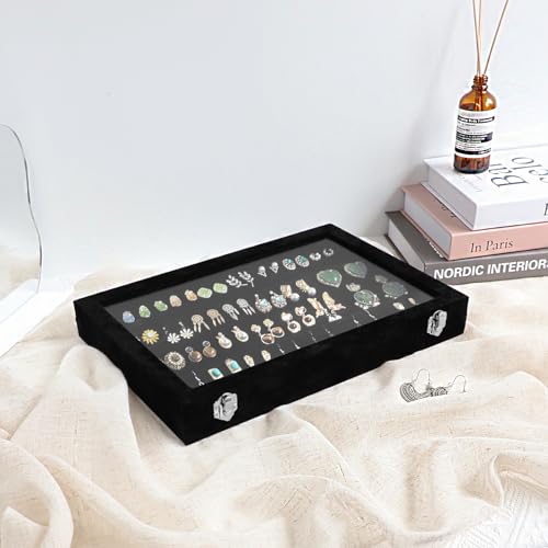 Wudygirl Earring Organizer Tray Jewelry Organizer 32 Pairs Earring Box Organizer Black Velvet Jewelry Display Case with Transparent Lid(Black Earring Storage) - color: Black, size: Earring