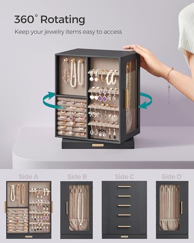 SONGMICS GISELLA Collection - Jewelry Box Organizer 360° Rotating, Vertical Jewelry Storage Case with 5 Drawers, Glass Window, Spacious, Open Design, Great Gift, Slate Gray UJBC170G01 - color: Slate Gray, size: 5 Drawers (6.3"d X 8.7"w X 11.2"h)