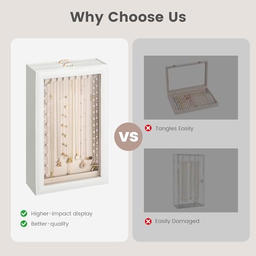 Lolalet Necklace Organizer Box, Jewelry Storage Box with Clear Window for Necklaces Bracelets, Tangle-Free Necklace Display Case for Women Girls, White, 2 Layers 20 Hooks - color: White, size: 2 Layers, 20 Hooks