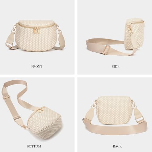 Woven Vegan leather Crossbody Bags For Women, Checkered Fashion PU Bum Bag Waist Pack, Travel Sling Purse with Adjustable Strap（Beige and White) - color: Beige and White