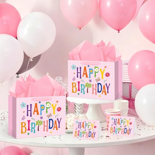 Hooqict Large Pink Gift Bag Happy Birthday Gift Wrap Bag with Handles, Tissue Paper, Greeting Cards for Kids Girls Women Pink Birthday Party Mom Mothers Day Bags - color: Pink Happy Birthday