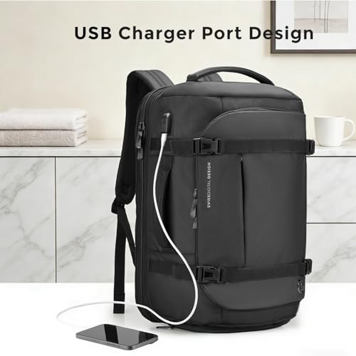 Swissdigital Design Travel Backpack 40L,TSA Friendly Flight Approved Carry-on Luggage Hand,with USB Charging Port Large Weekender Bag Fits 17 Inch Laptop Backpack Black | SD1756-01 - color: Black