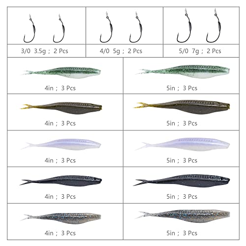 Fishing Bait Soft Plastic Lures 30/50 Pcs, Weighted Hooks 10 Pack & 40-Piece Set, 4in/5in Salty Split Tail Jerk Shad, 3/0 4/0 5/0 Weedless Swimbait Hook for Bass Fishing - color: Set C, size: 4inch&5inch Fishing Bait, 3/0&4/0&5/0-Hook