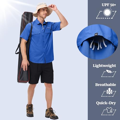 Satankud Fishing Shirts for Men Short Sleeve Sun Protection Cooling Hiking Shirt for Travel Safari Camping Work - color: Dark Blue, size: Medium
