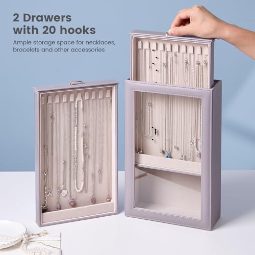 Lolalet Necklace Organizer Box, Jewelry Storage Box with Clear Window for Necklaces Bracelets, Tangle-Free Necklace Display Case for Women Girls, Dusty Purple, 2 Layers 20 Hooks - color: Dusty Purple, size: 2 Layers, 20 Hooks