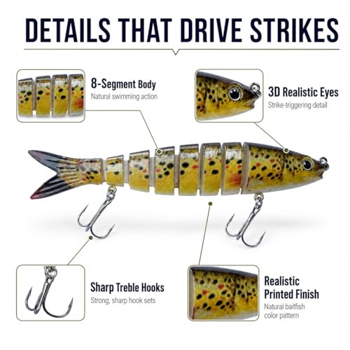 Bass Fishing Lures 3 Pack, 5.2in 8-Segment Jointed Swimbaits, Slow Sinking Hard Baits with Tackle Box, Life-Like Swimming Action for Bass Pike Walleye