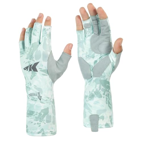 KastKing Agies Fishing Gloves Men, UPF 50+ Sun Gloves UV Protection, Cooling Quick-Dry 3/4 Fingerless Gloves with Extended Cuff, Microfiber Palm & Pull Tabs, for Fishing, Kayaking, Hiking, Hunting - color: X Camo-Pale Blue, size: Small-Medium