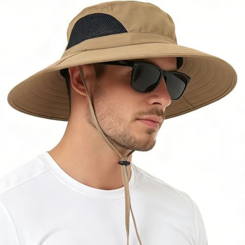 Wide Brim Sun Bucket Hat, Waterproof Boonie Hat for Men & Women | UPF 50+ UV Protection, Adjustable Fit, Chin Strap & Sweatband, Foldable Durable for Fishing Hiking Garden Beach - color: 01 Camel