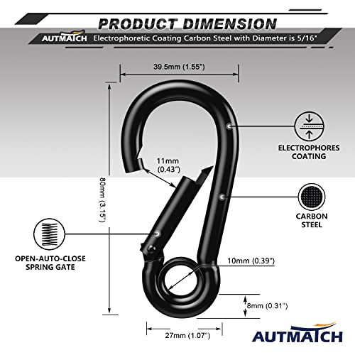AUTMATCH Carabiner Clips, 3" Spring Snap Hook Caribeener Clips Buckle Pack Grade Heavy Duty Carabiners Quick Link for Camping, Fishing, Hiking, Traveling, 4 Pack - style: Carbon Steel - Circle Black