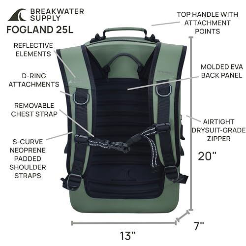 Breakwater Supply™ Fogland Waterproof IP68 Submersible Backpack | Laptop Sleeve & Airtight Zippers for Outdoors, Hunting, Fishing, Waterfowl, Floating Dry Bag, Unisex, TPU (Marsh Green, 25L) - color: Marsh Green, size: 25L