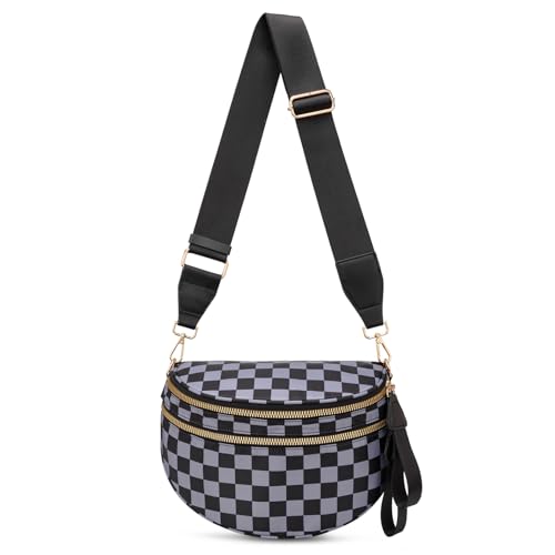 Pure Colour Crossbody Bum Bags for Women Spacious Checkered Cross body Bag Nylon Trendy Fanny Pack for Travel - color: Black Grey Checkered